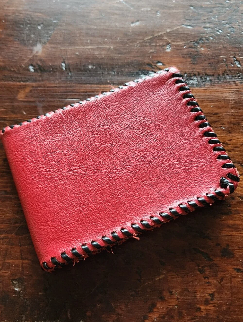 Vintage Hand Stitched Handmade Bright Red Leather Billfold Wallet Card Holder